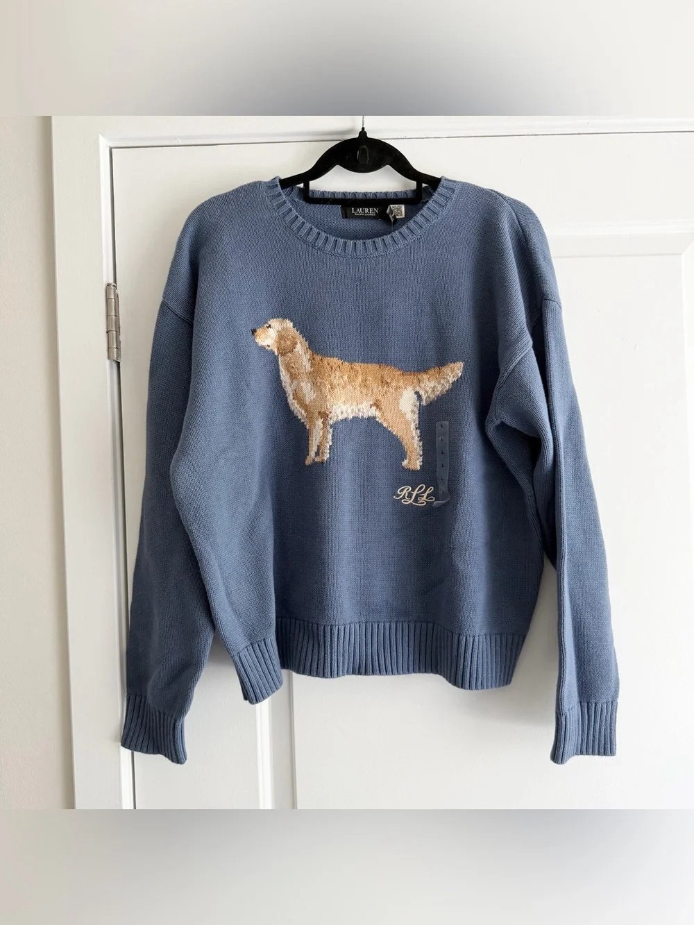 Ralph Lauren Dusty Blue Crewneck Sweater with Golden Dog Intarsia